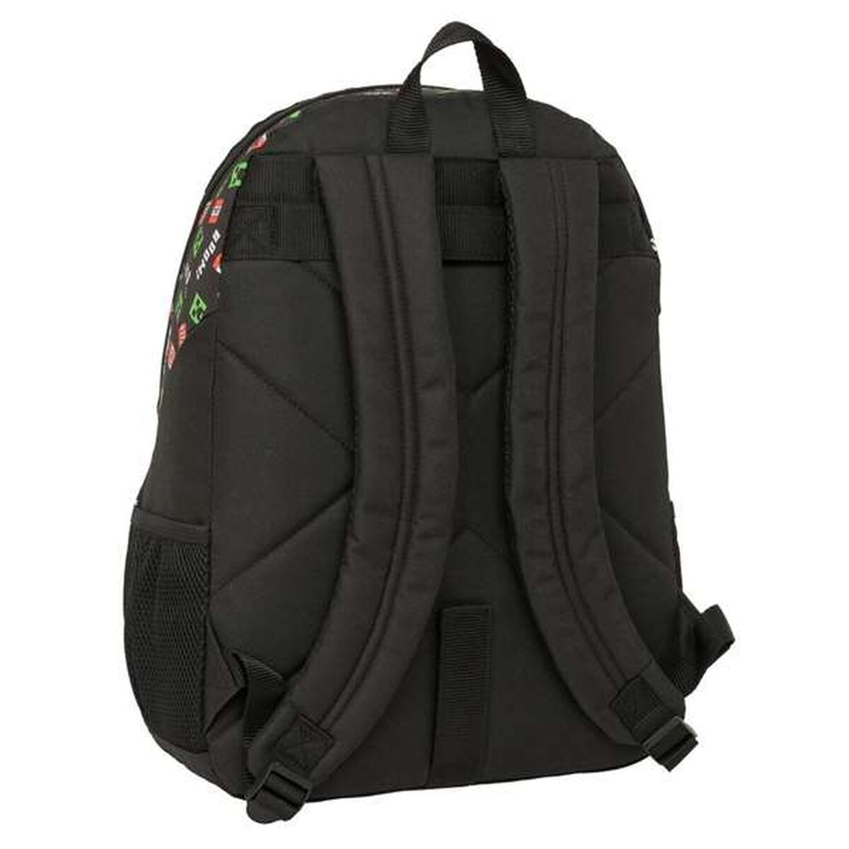 Schwarzer Rucksack mit Spielmotiv, gepolsterten Trägern und Seitentasche.