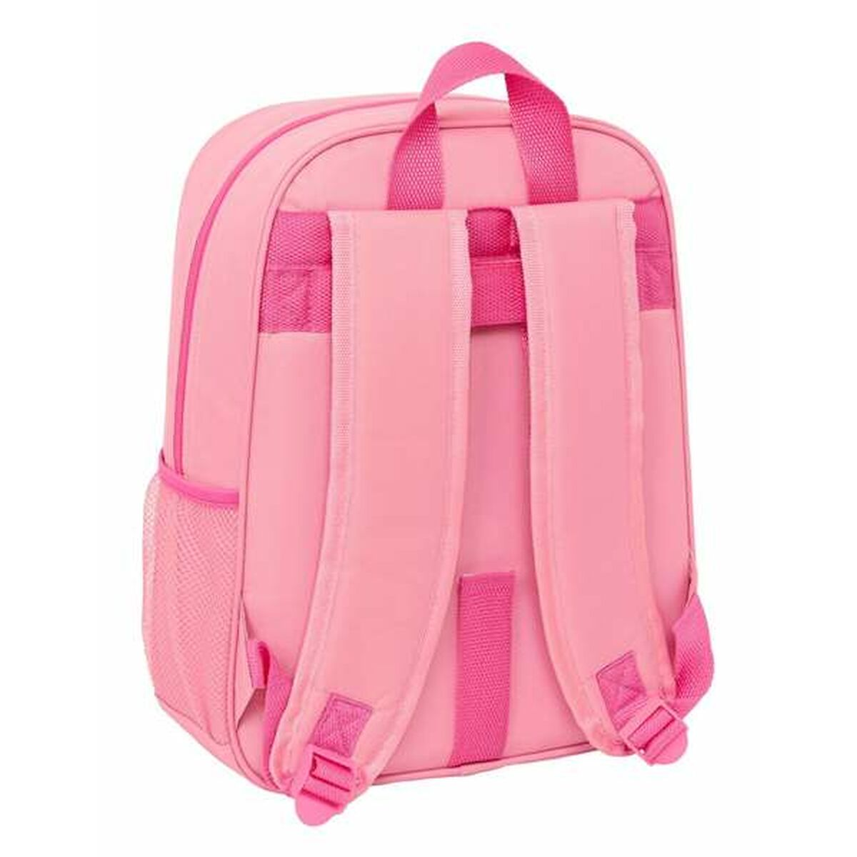 Ein pinker Rucksack mit verstellbaren Trägern und Netzseitentaschen.