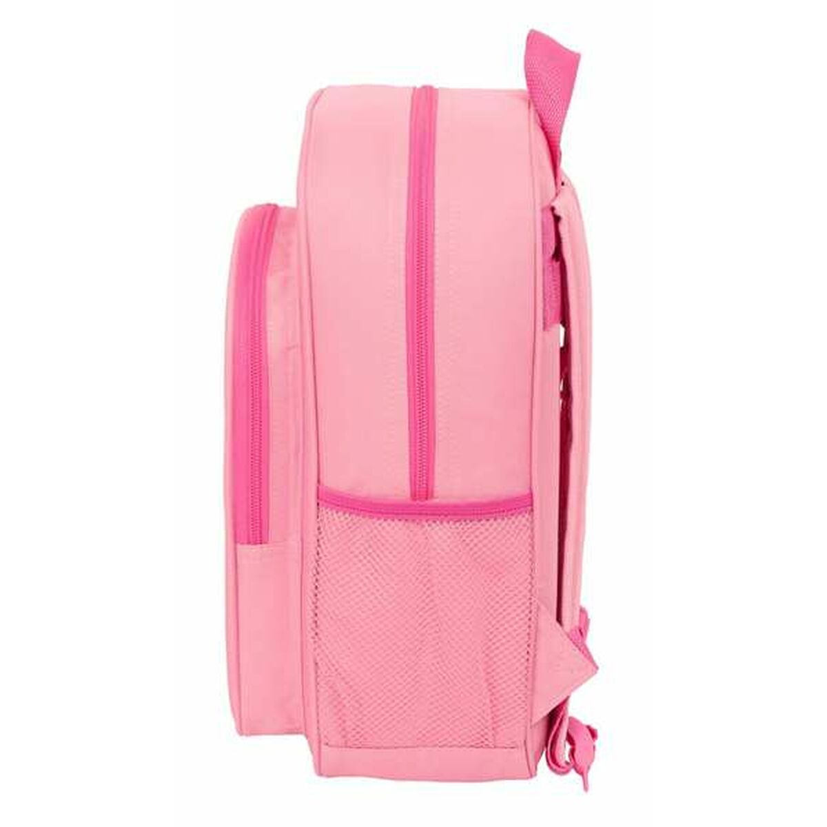 Rosa Rucksack mit Reißverschlusstaschen und Netzseitentaschen.