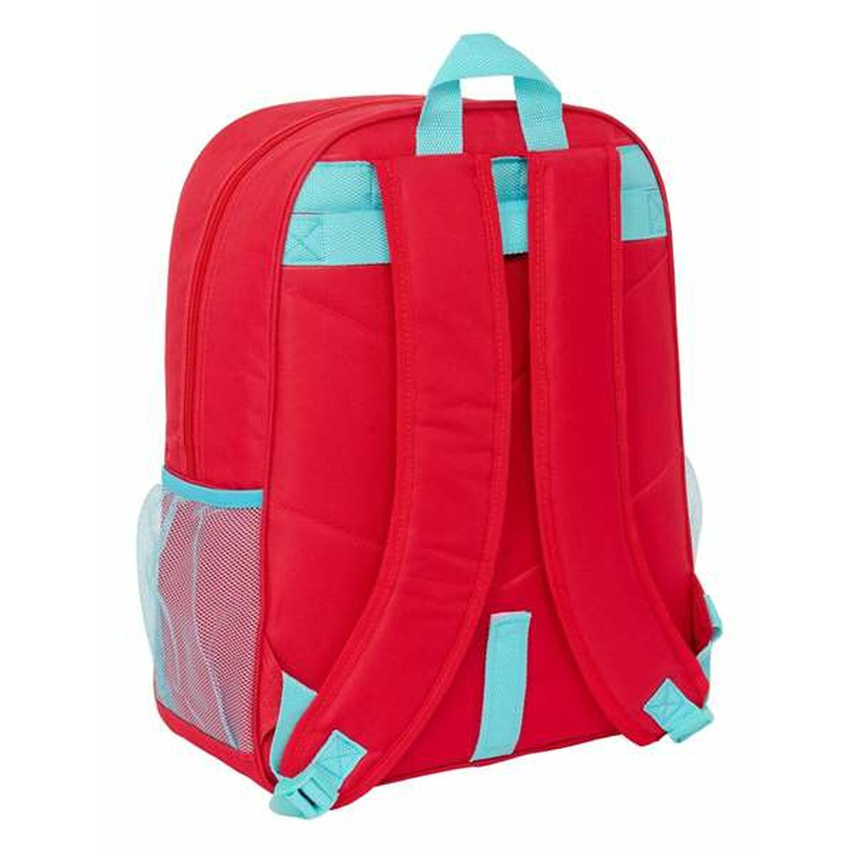 Ein roter Rucksack mit hellblauen Trägern und Netztaschen an den Seiten.
