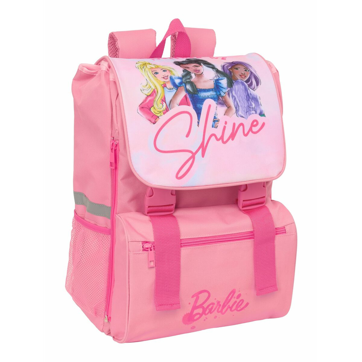 Ein rosa Rucksack mit Barbie-Aufdruck und drei Prinzessinnen.