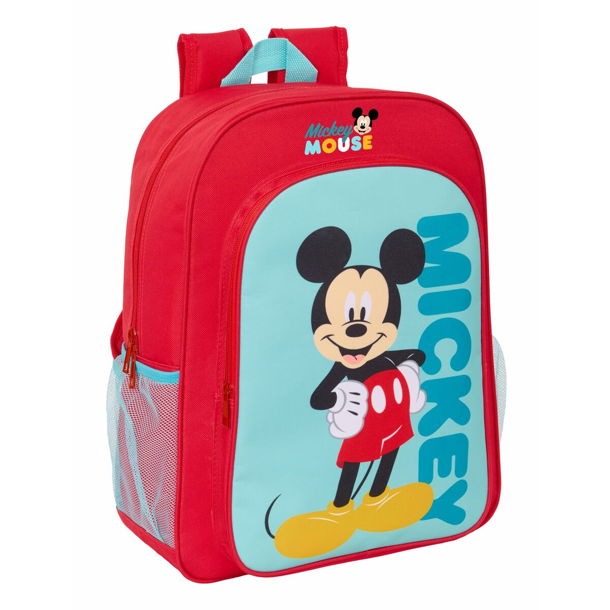 Ein roter Rucksack mit Mickey Mouse und dem Schriftzug MICKEY.