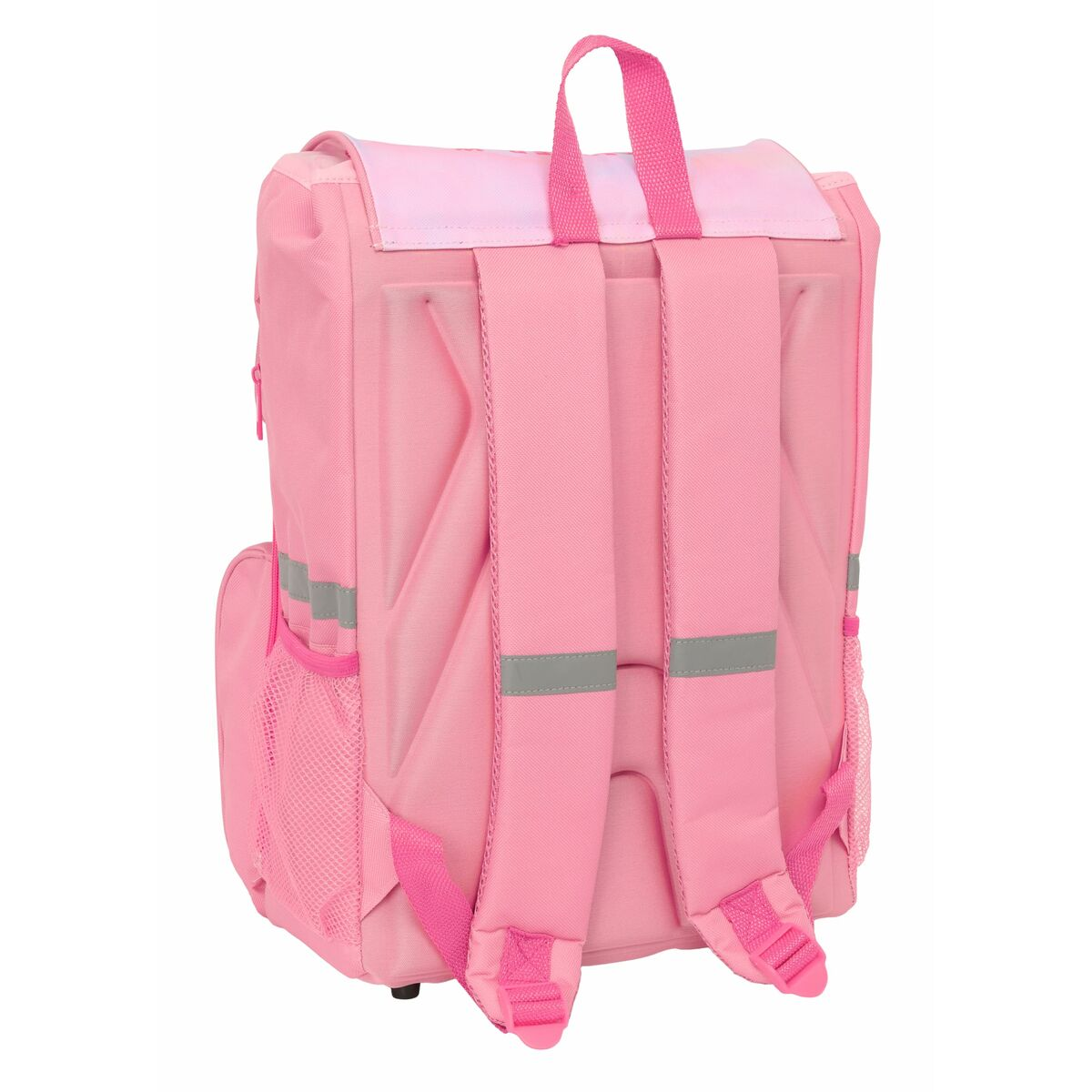 Ein pinker Rucksack mit Trägern und reflektierenden Streifen.