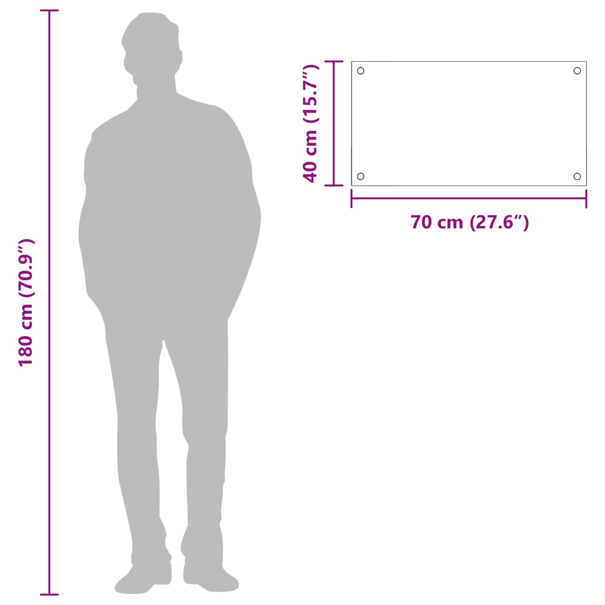 Ein Mann von 180 cm neben einem rechteckigen Objekt, 70x40 cm.