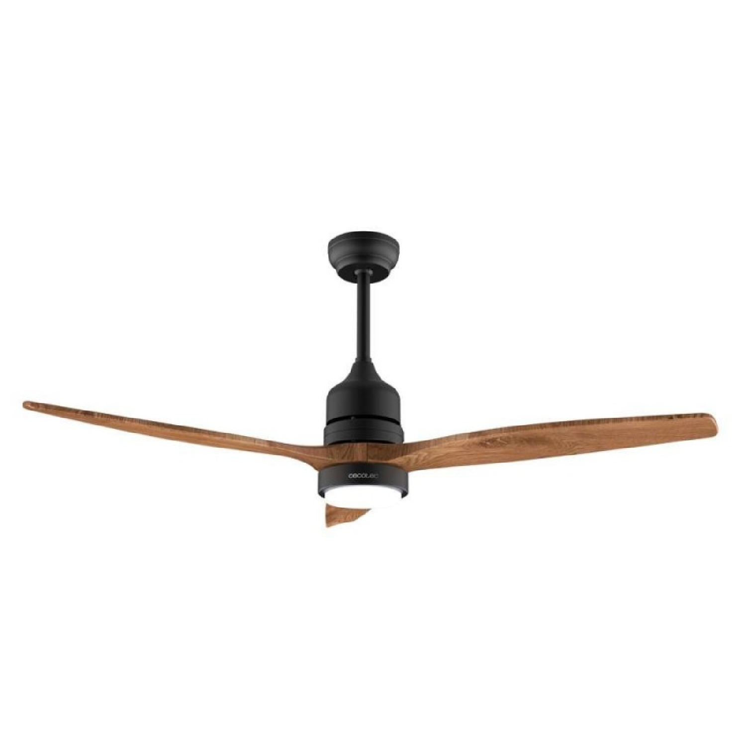 Ventilatore da soffitto nero con tre pale in legno e luce integrata.