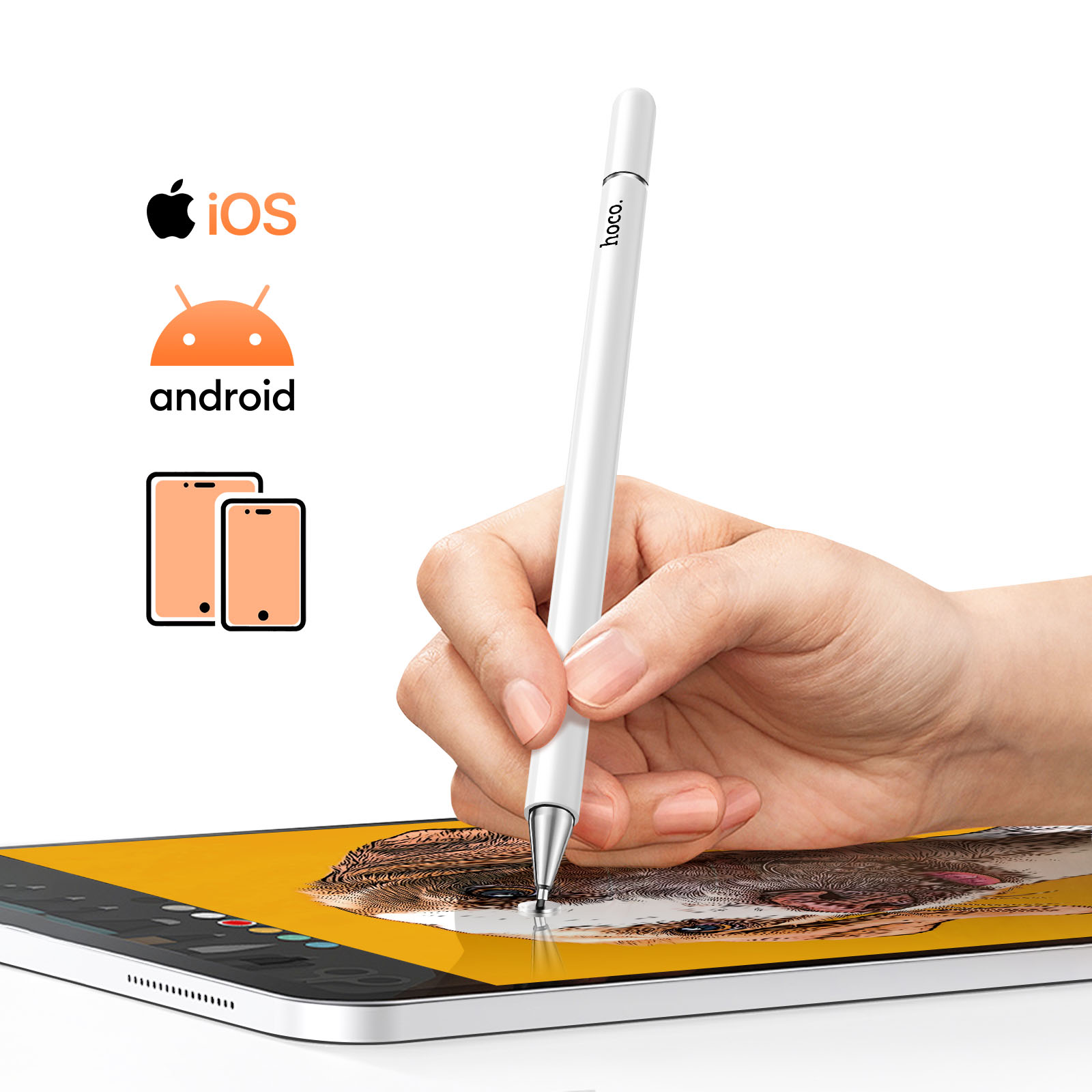 Una mano usa uno stilo bianco su un tablet, disegnando un'immagine.
