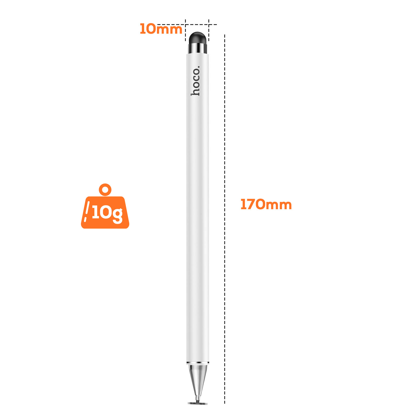 Una penna stilo bianca misura 10 mm e 170 mm, peso 10 g.