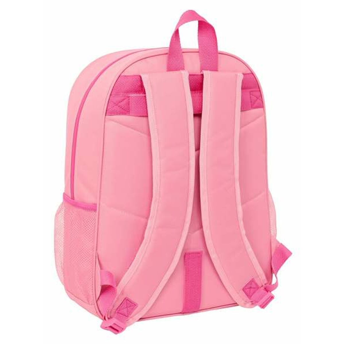 Ein rosa Rucksack mit gepolsterten Trägern und einem Netzfach an der Seite.