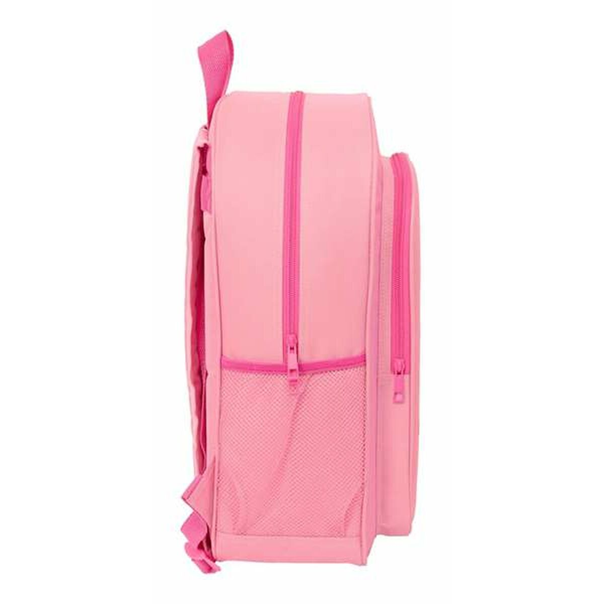 Ein rosafarbener Rucksack mit Reißverschlüssen und Netzfächern.