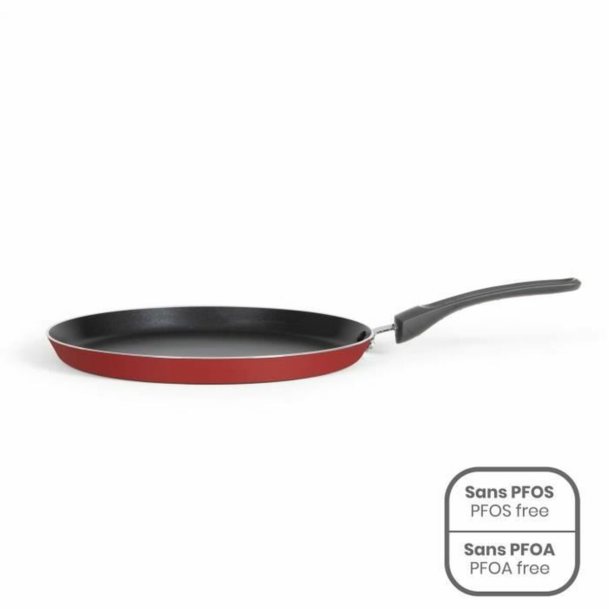 Rote Bratpfanne mit schwarzem Griff und Hinweisen 'PFOS frei' und 'PFOA frei'.
