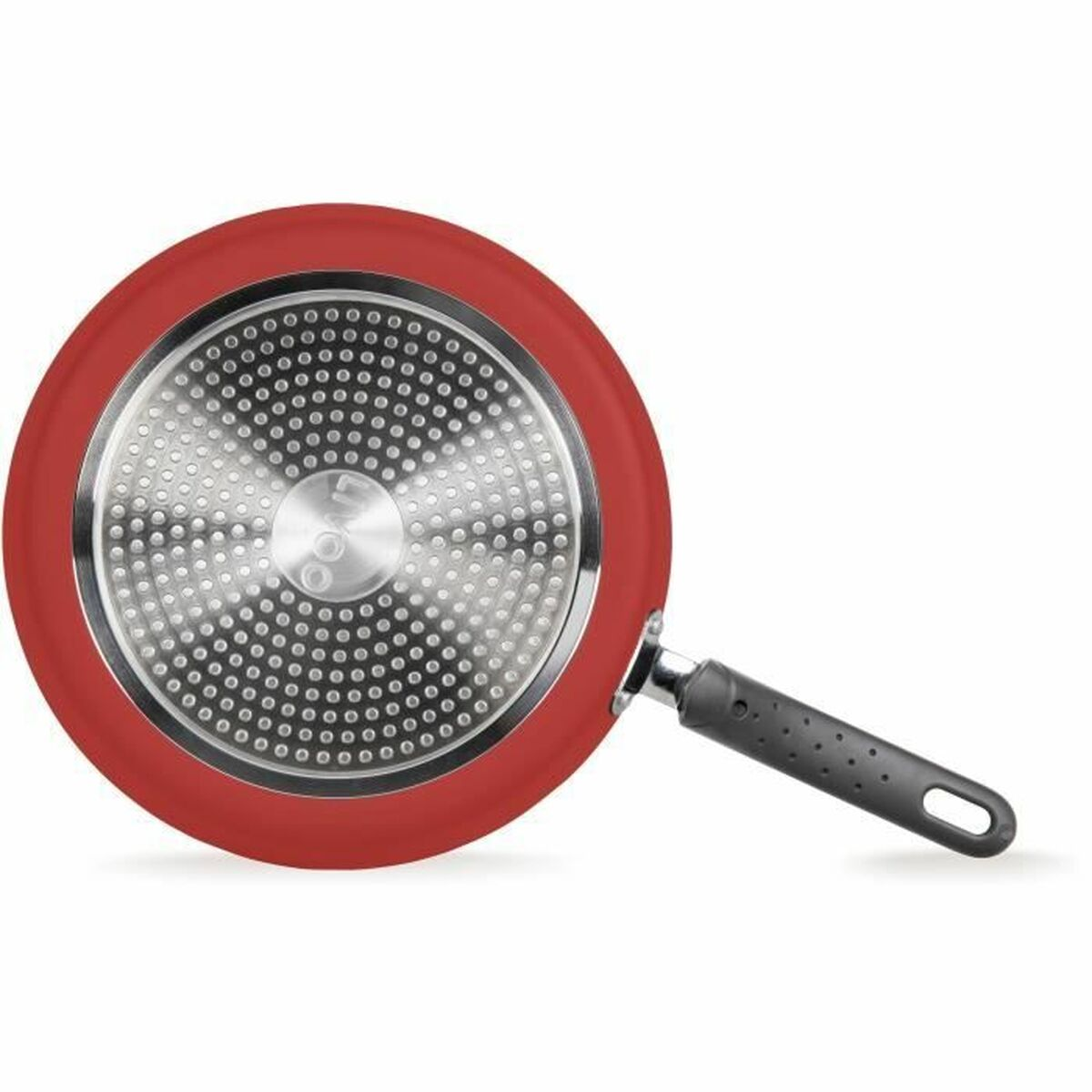Rote Pfanne mit genopptem Metallboden und schwarzem Griff.