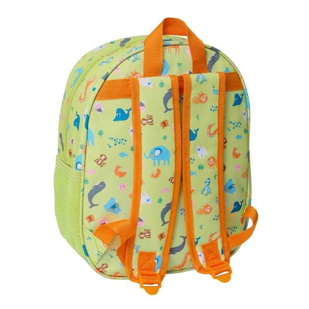 Hellgrüner Rucksack mit Tiermotiv und orangefarbenen Trägern.