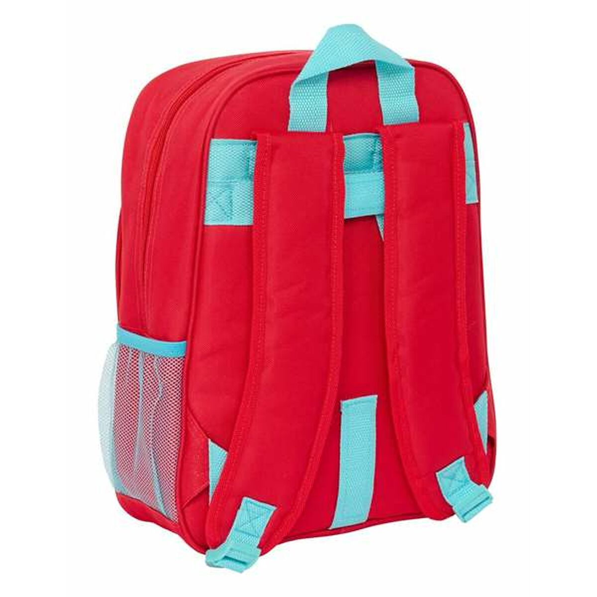 Ein roter Rucksack mit blauen Trägern und Netzseitentaschen.