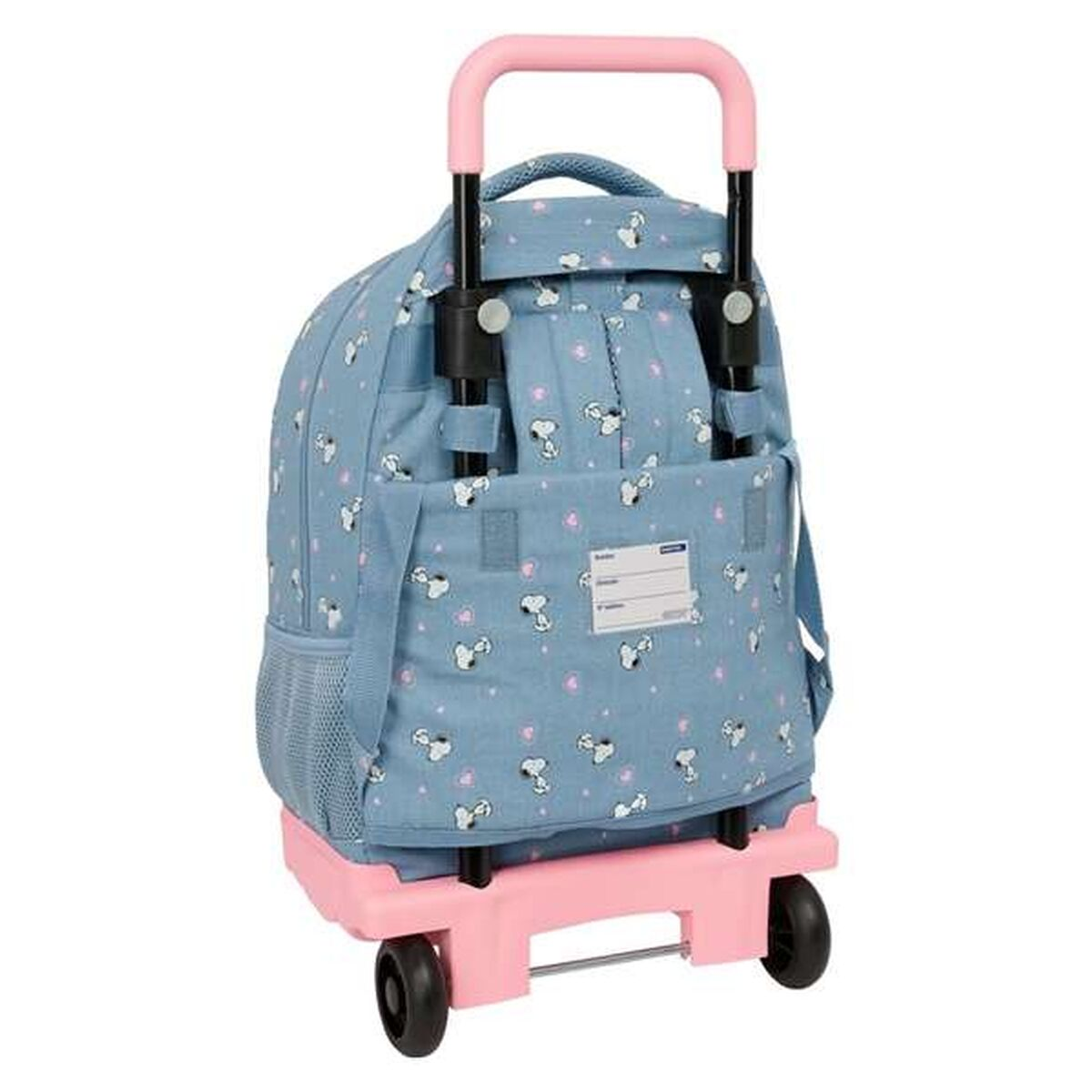 Ein hellblauer Rucksack mit Snoopy-Motiv und rosa Rollen, Griff und Akzenten.