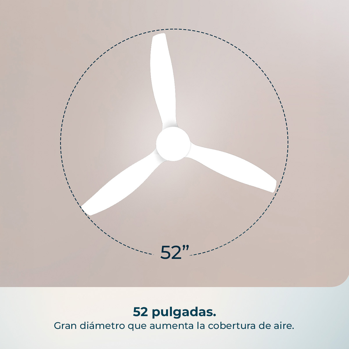 Aspas blancas de ventilador de techo de 52 pulgadas sobre fondo neutro.