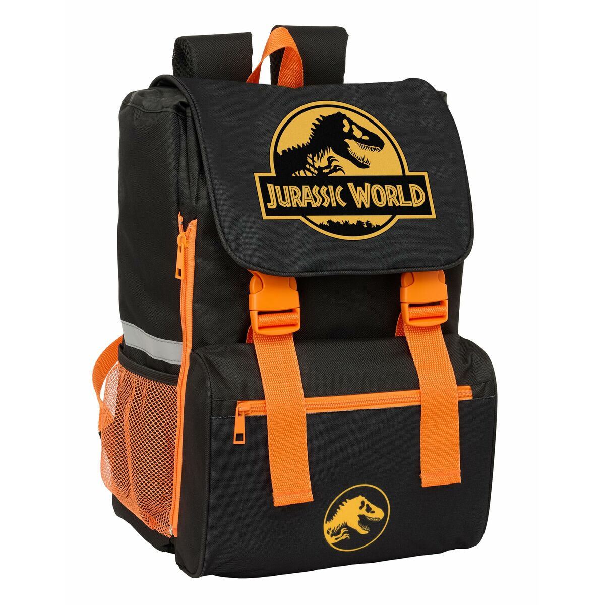 Schwarzer Rucksack mit orangefarbenen Akzenten und Jurassic World Logo.