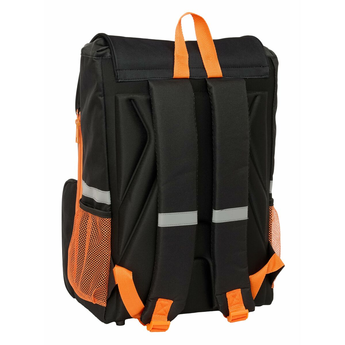 Schwarzer Rucksack mit orangefarbenen Akzenten, Trägern und Taschen.