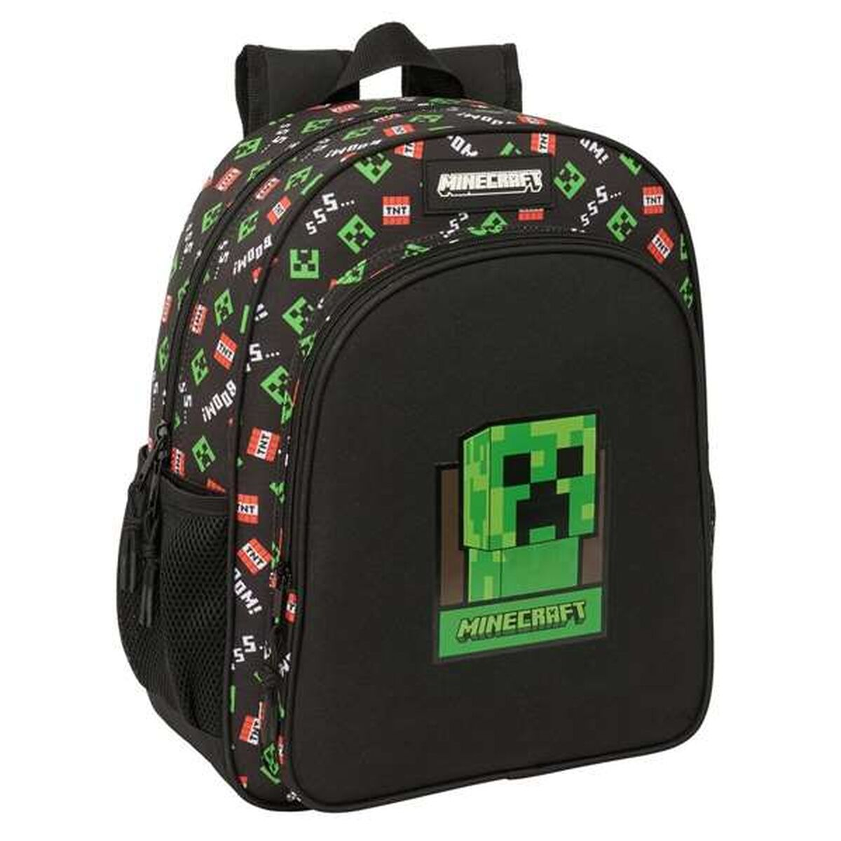 Schwarzer Minecraft-Rucksack mit Creeper-Grafik und Wiederholungsmuster.