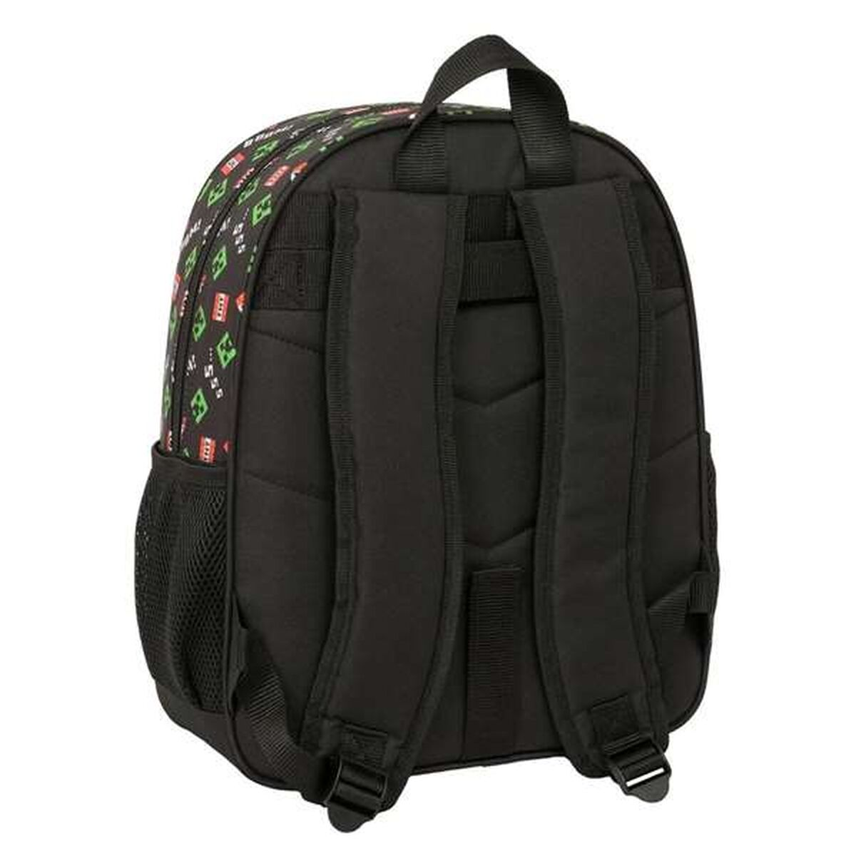 Schwarzer Rucksack mit Minecraft-Motiv, Netzseitentasche und gepolsterten Trägern.