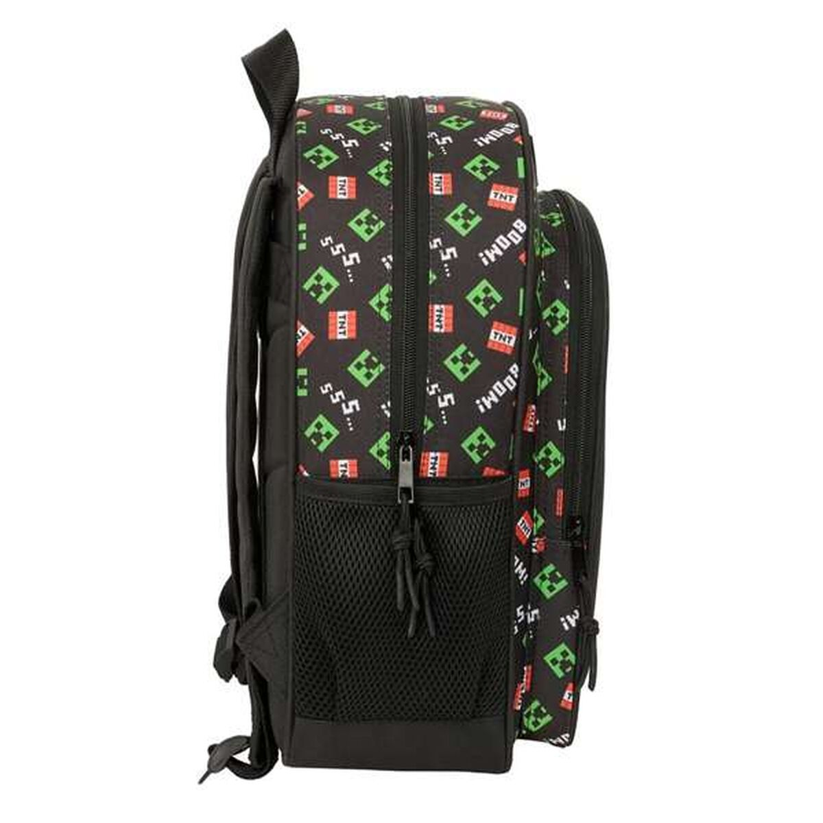 Schwarzer Minecraft-Rucksack mit TNT- und Creeper-Motiv und Netzfächern.