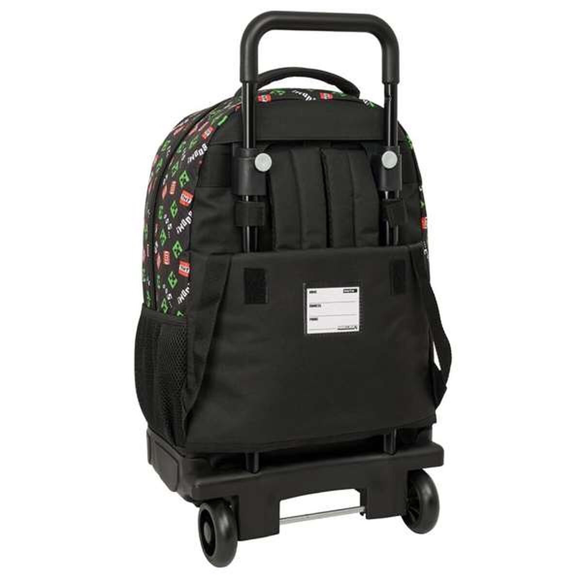 Mochila negra con ruedas, estampado Minecraft y asa extensible.
