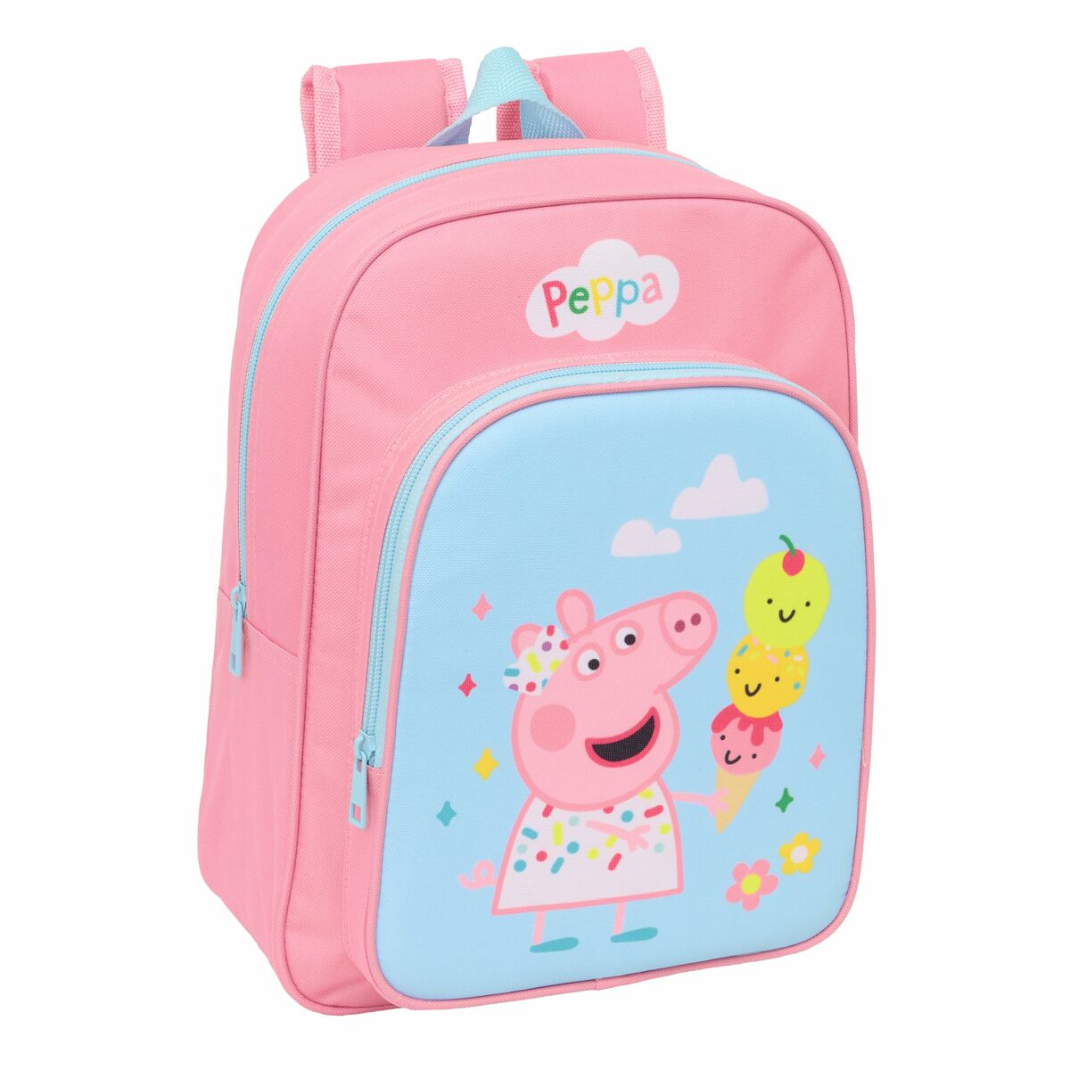 Ein pinker Peppa Wutz Rucksack mit einer hellblauen Vordertasche, auf der Peppa Wutz ein dreifaches Eis in der Hand hält.