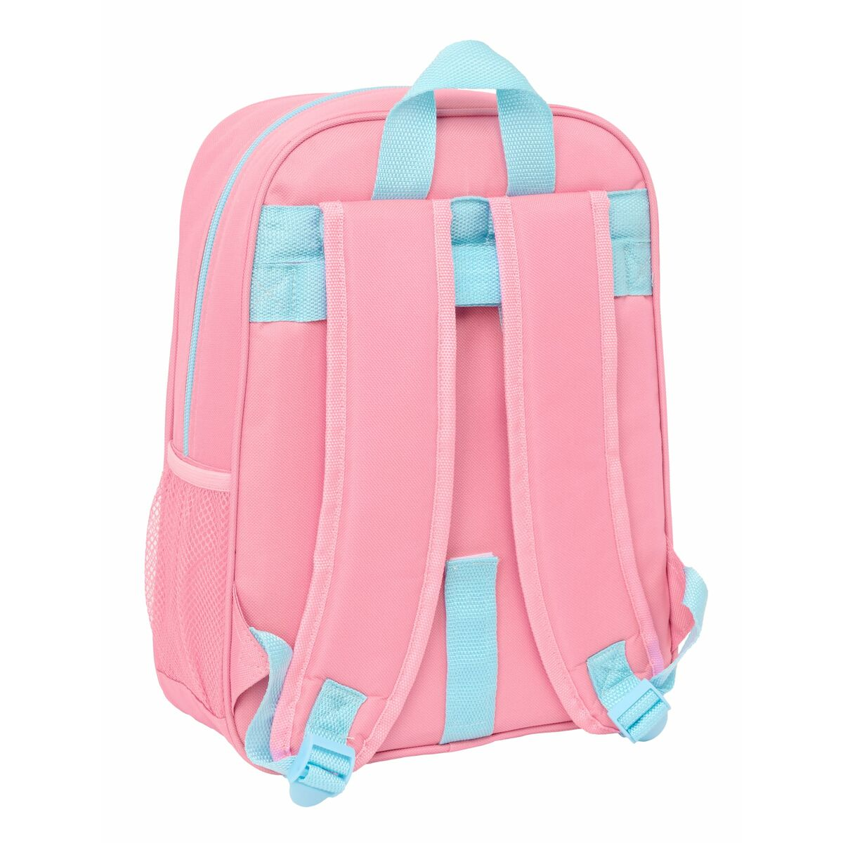 Ein rosafarbener Rucksack mit hellblauen Trägern und Reißverschlüssen.