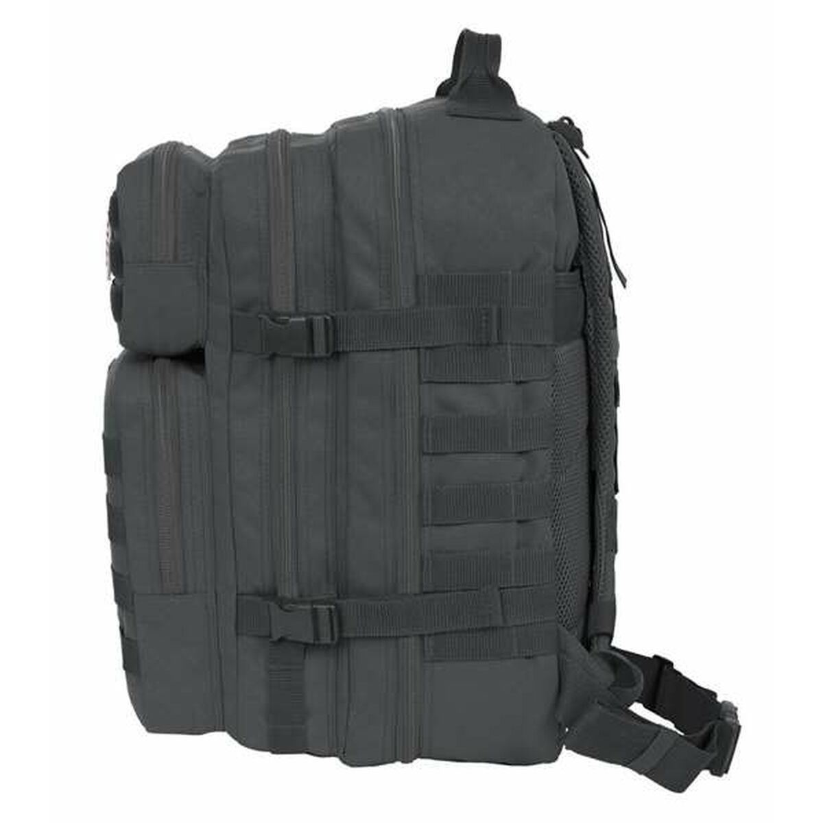 Dunkelgrauer Rucksack mit vielen Taschen und Gurten, von der Seite gesehen.