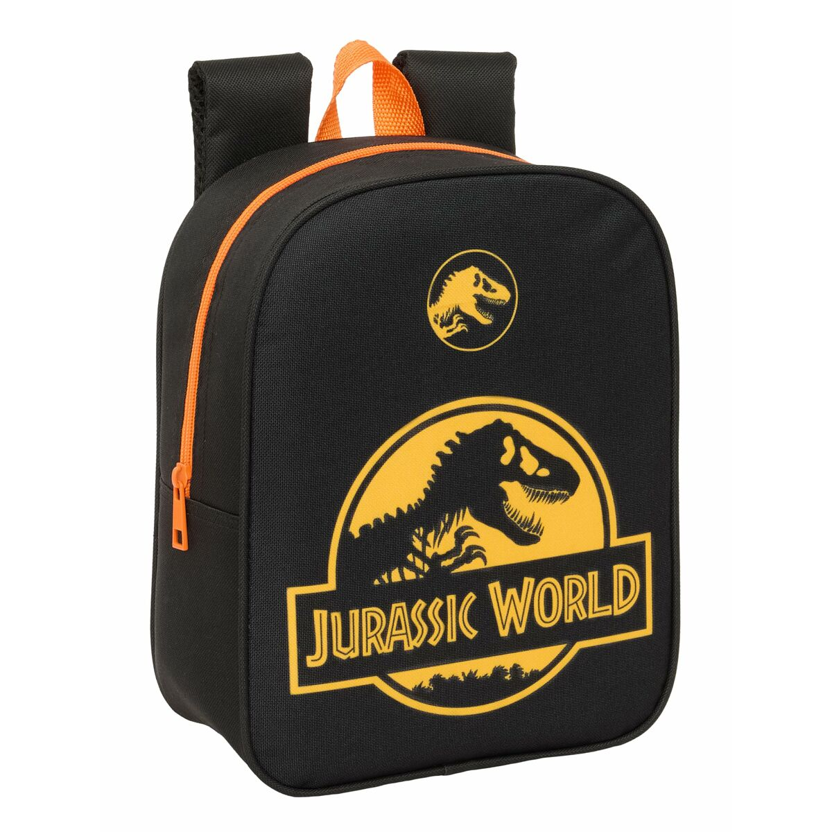 Schwarzer Rucksack mit Jurassic World Logo und orangefarbenem Reißverschluss.