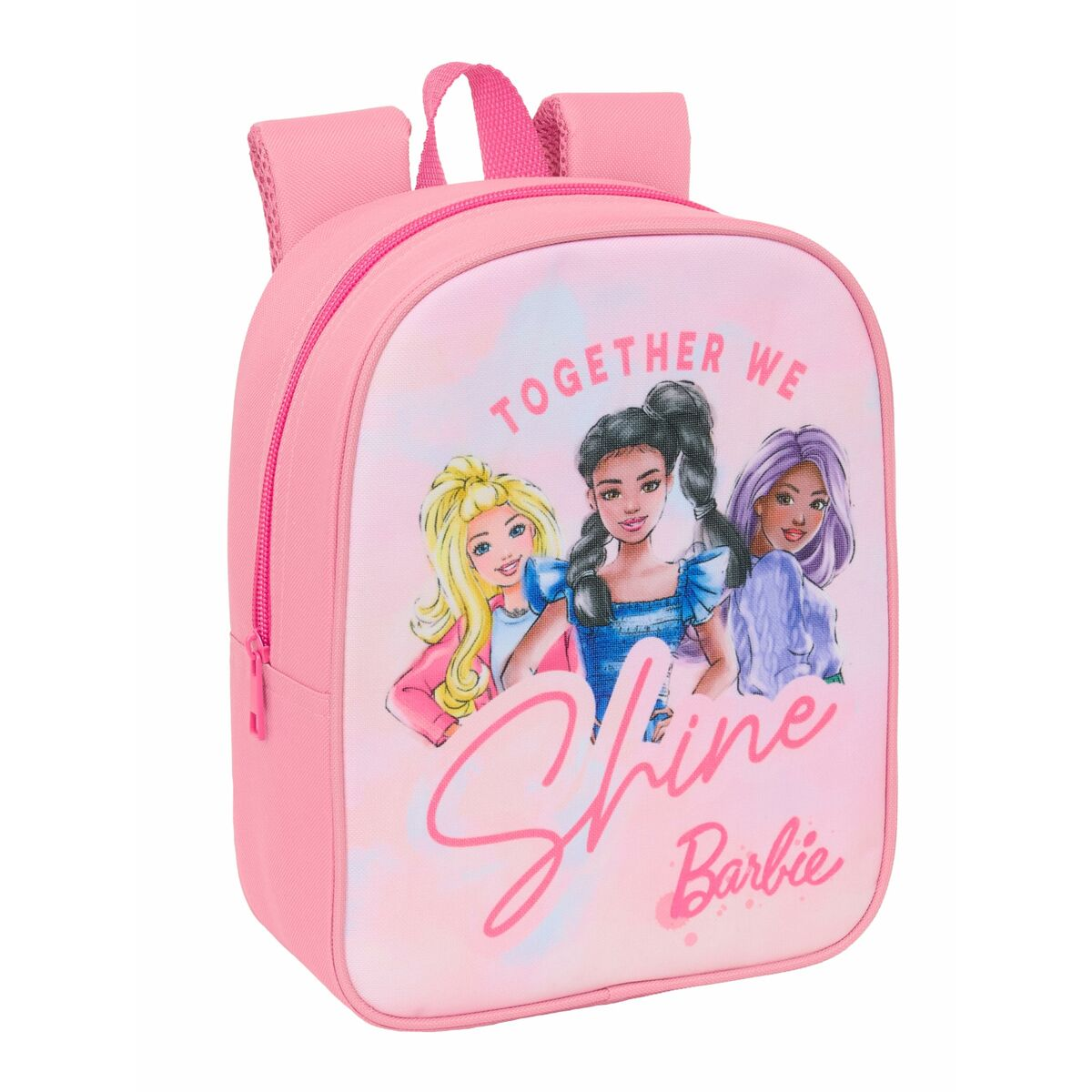 Ein rosa Rucksack mit Barbie-Motiv und drei Freundinnen. "Together we Shine."