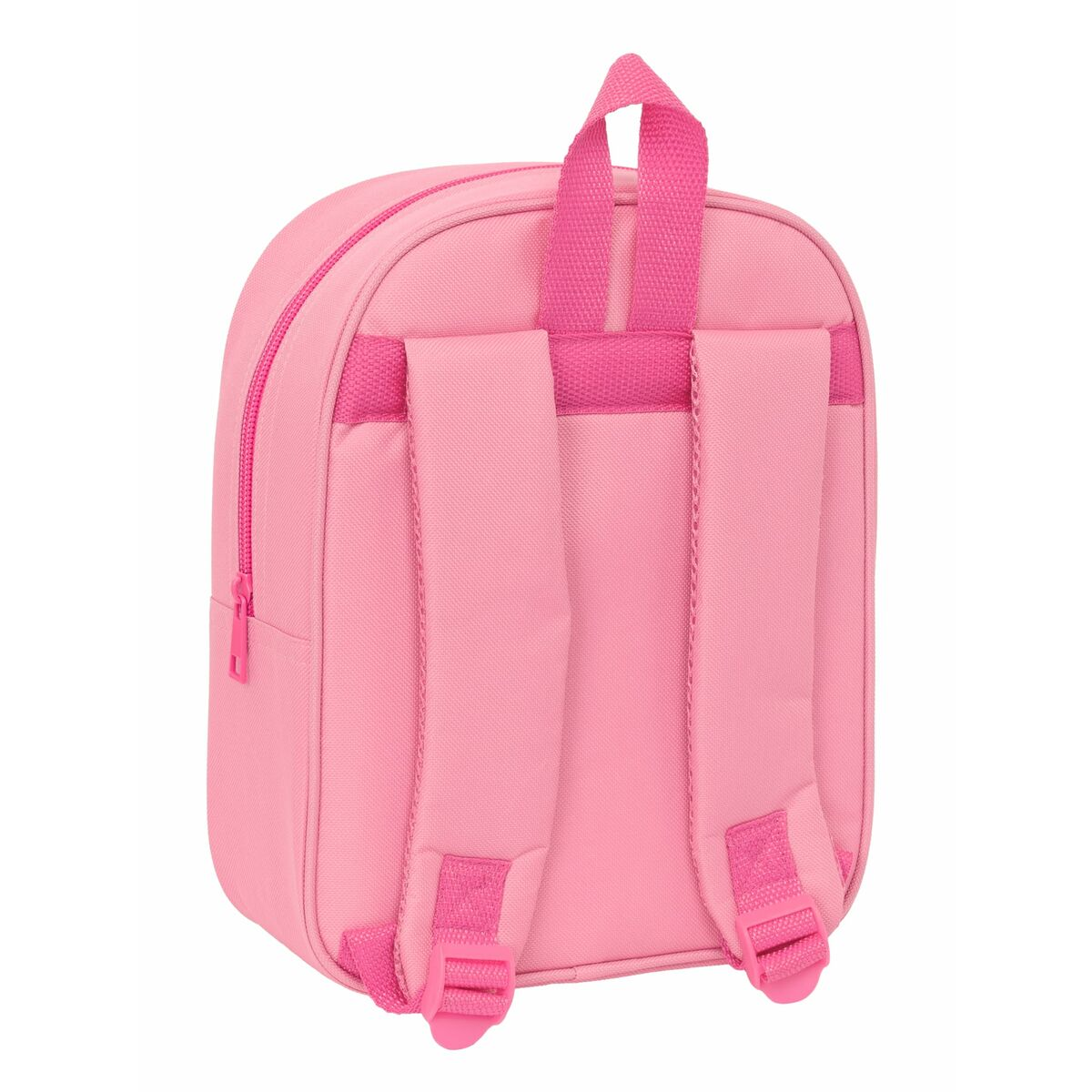 Ein pinker Rucksack mit zwei Trägern und Reißverschluss, von hinten.