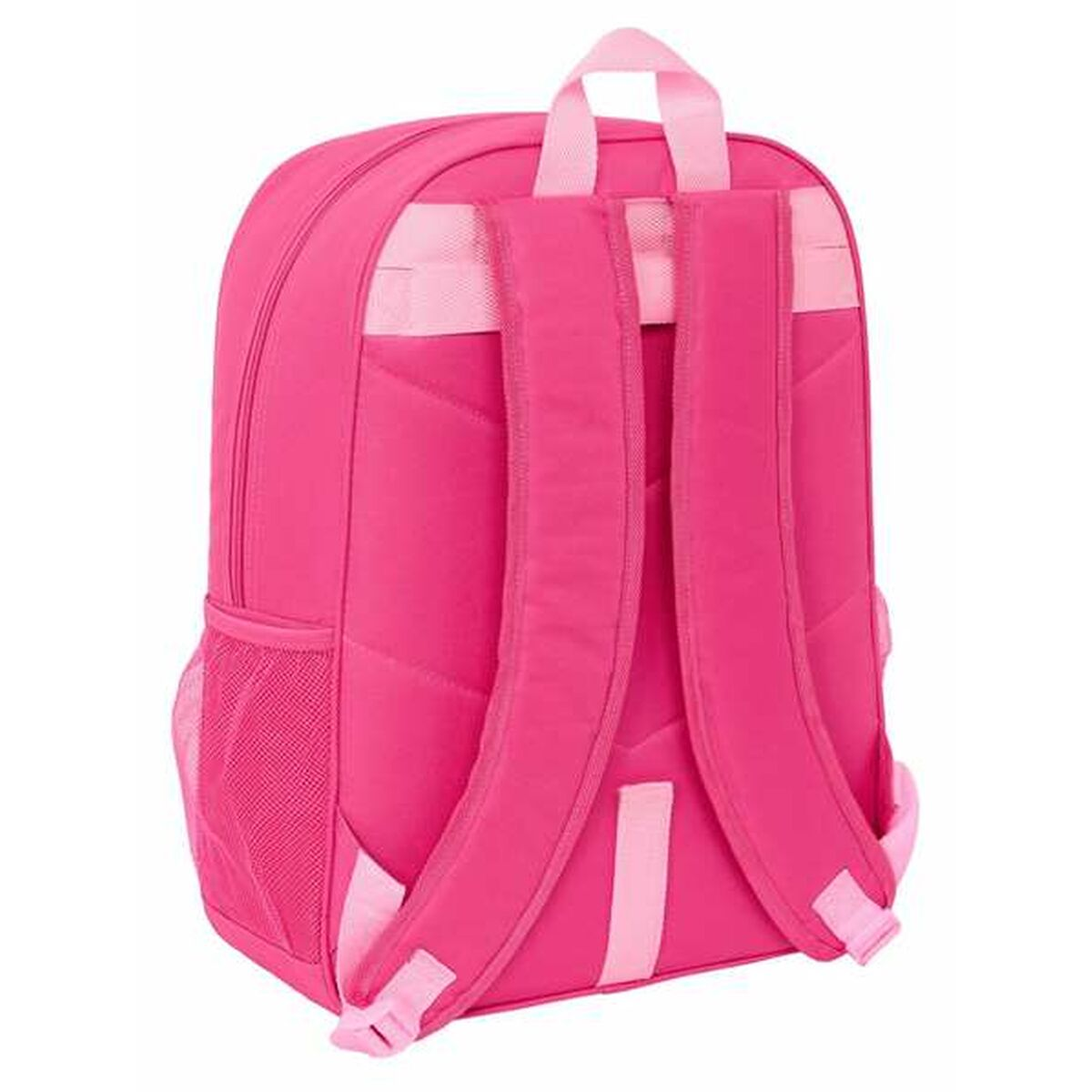Ein leuchtend pinker Rucksack mit gepolsterten Trägern und Netzseitentaschen.