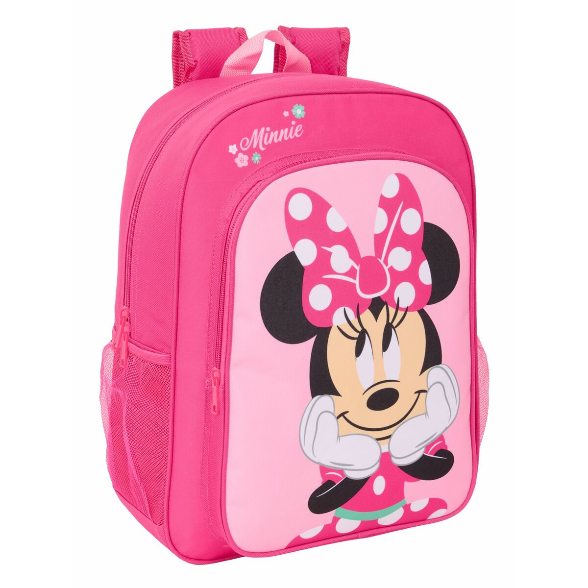 Ein pinker Rucksack mit Minnie Maus Aufdruck und weißen Pünktchen.
