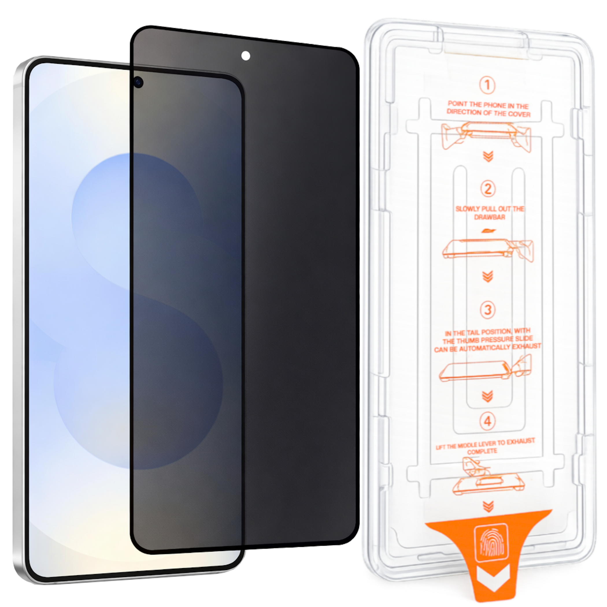 Ein Smartphone-Displayschutz und eine Anwendungsabdeckung mit Anleitungen.