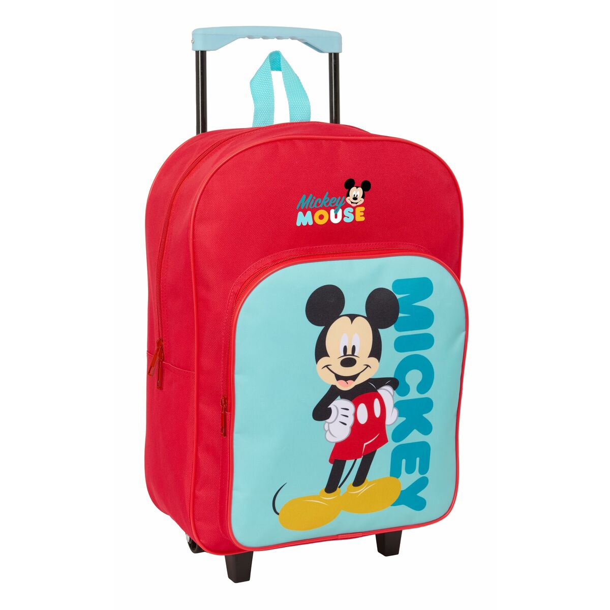 Ein roter Rollkoffer mit Mickey Mouse Aufdruck, H: 45cm, B: 30cm, T: 15cm.