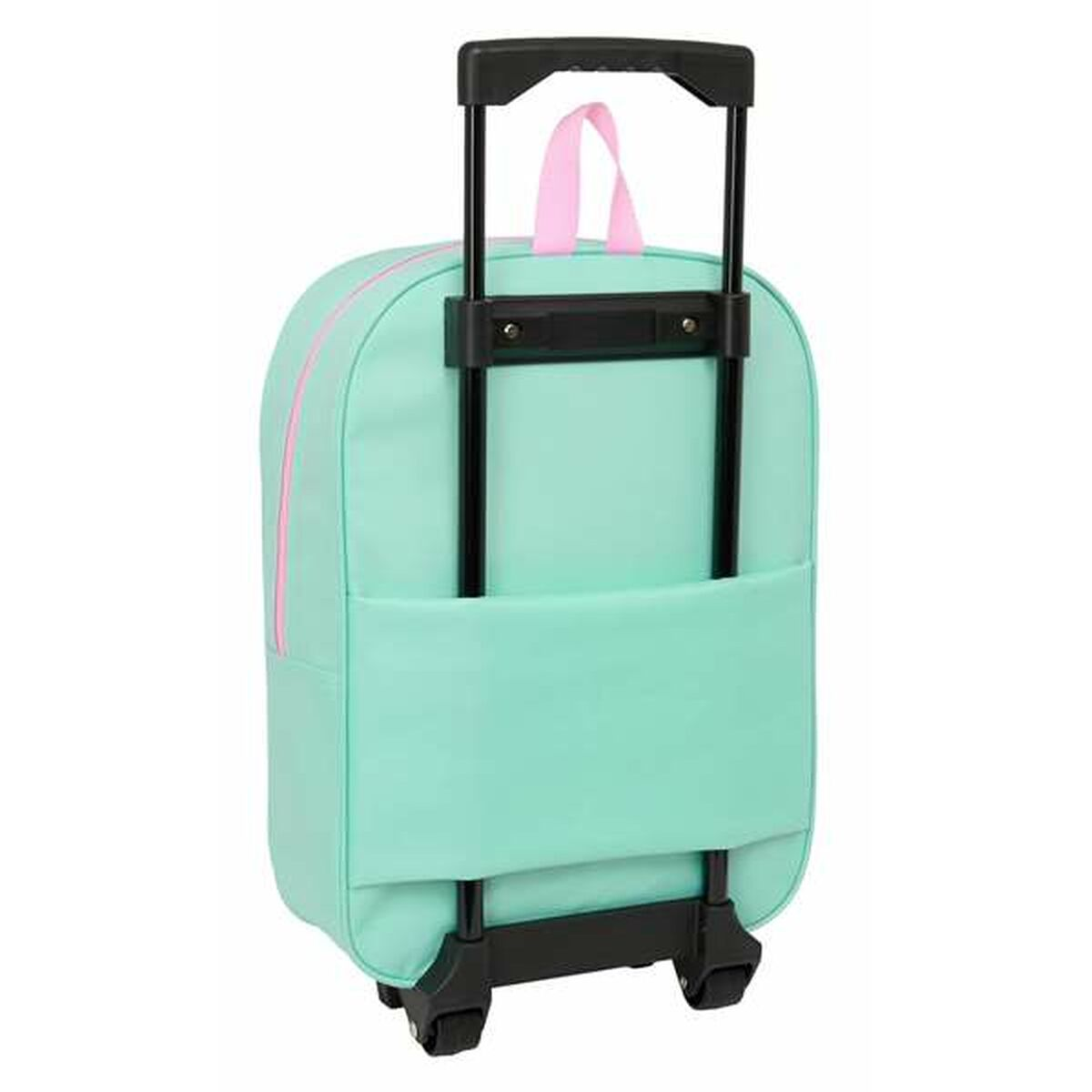 Eine mintgrüne Reisetasche mit Rollen und pinken Akzenten.