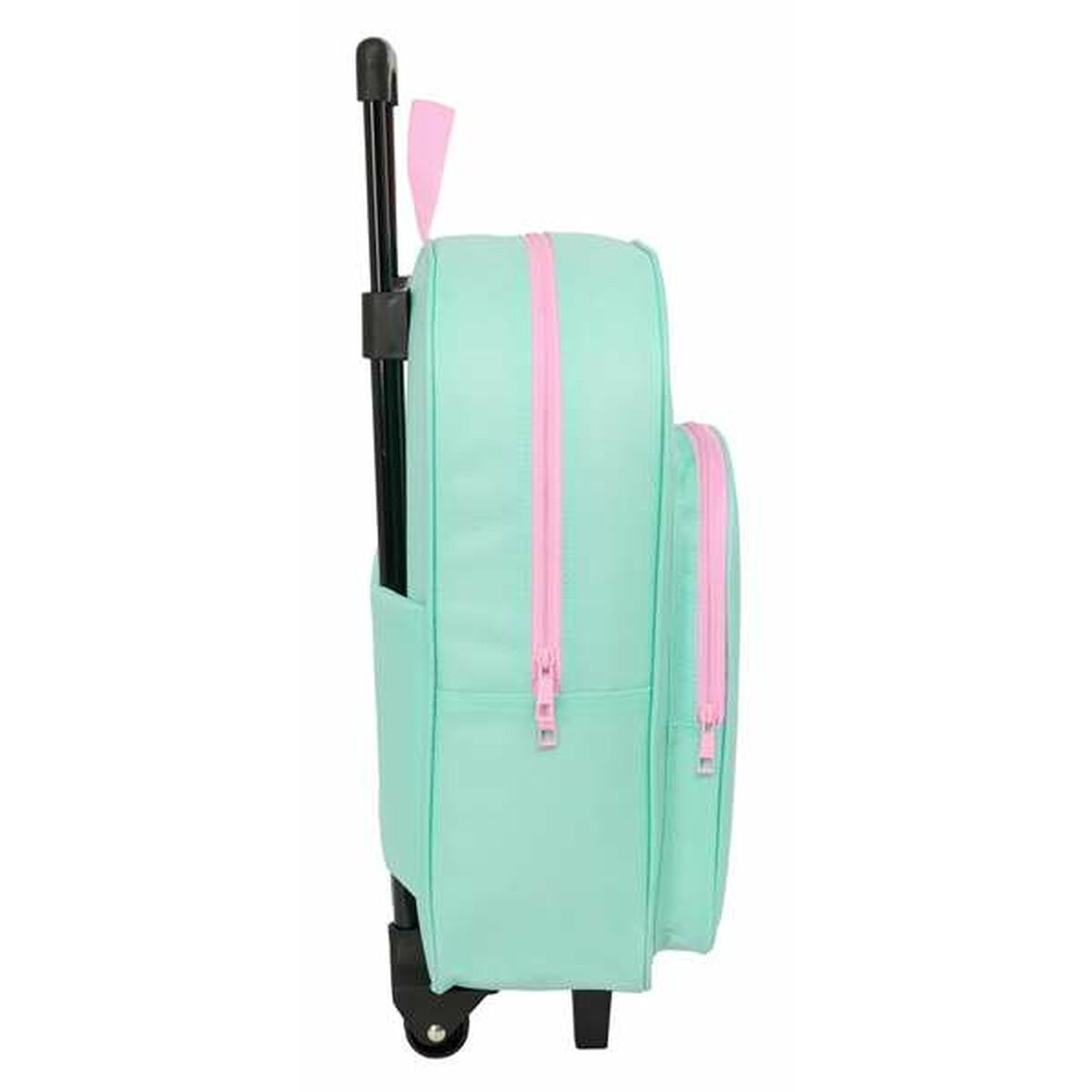 Hellgrüne Tasche mit rosa Reißverschlüssen und ausziehbarem Griff.