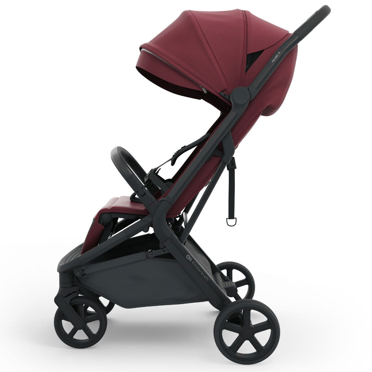 Ein burgunderroter Kinderwagen mit schwarzem Rahmen und Rädern.