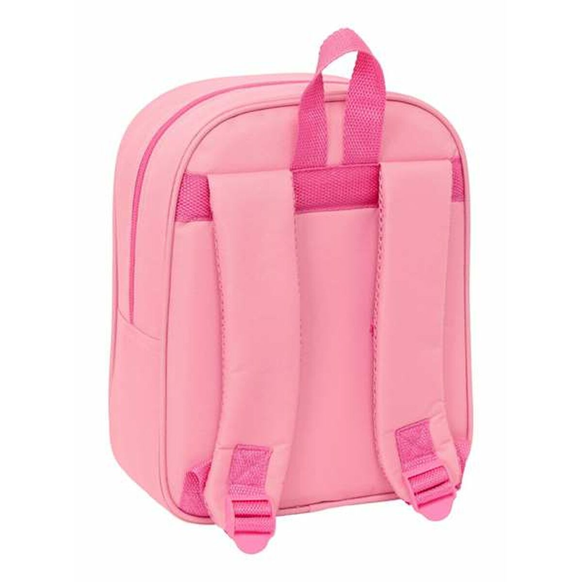 Ein leuchtend pinker Rucksack mit zwei Schultergurten und einem Tragegriff.