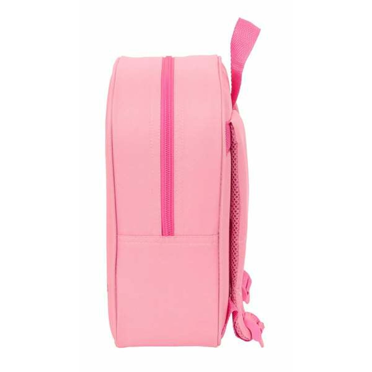 Ein rosa Rucksack mit Reißverschluss und Trägern.