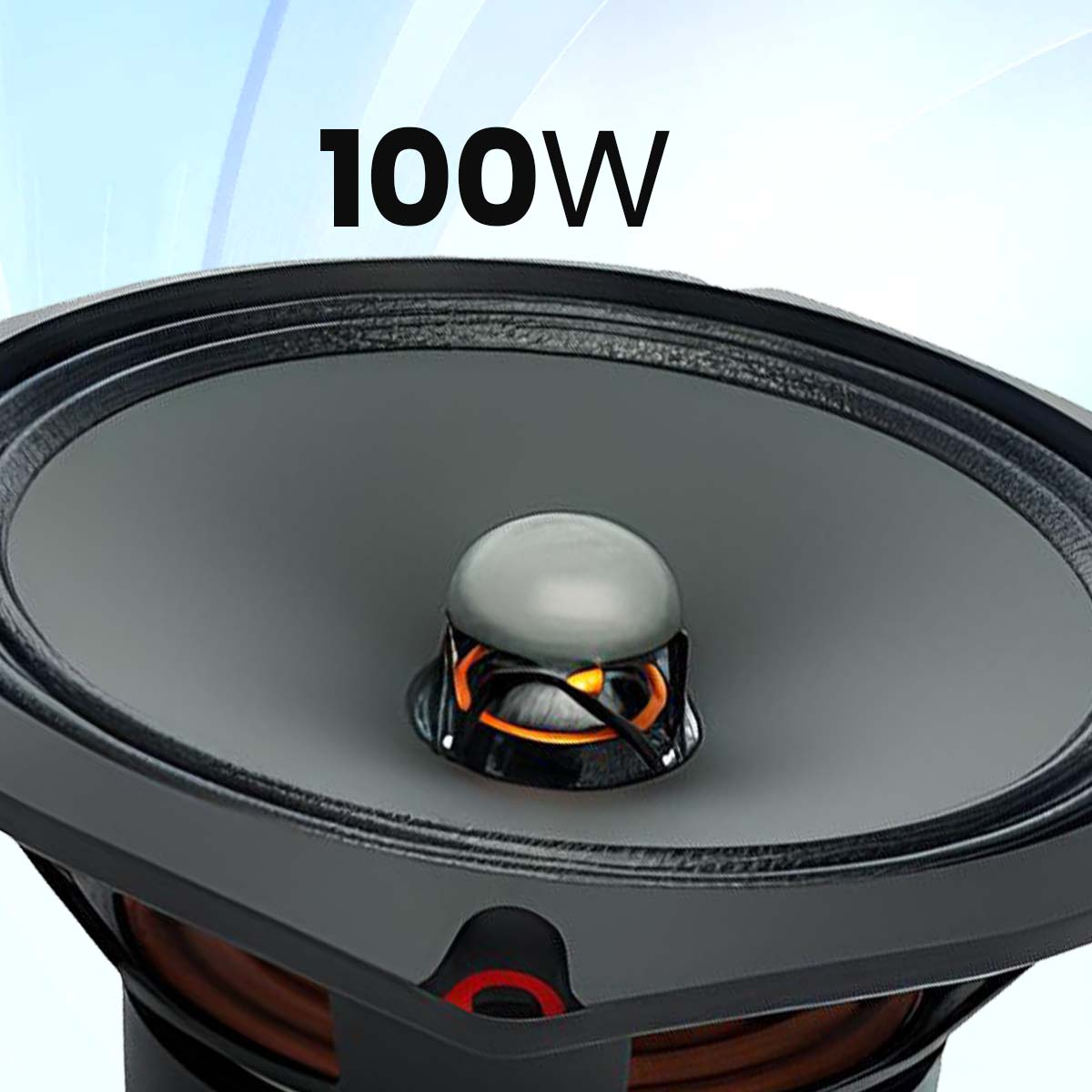 Nahaufnahme eines 100W Lautsprechers mit schwarzem Rand und grauem Konus.