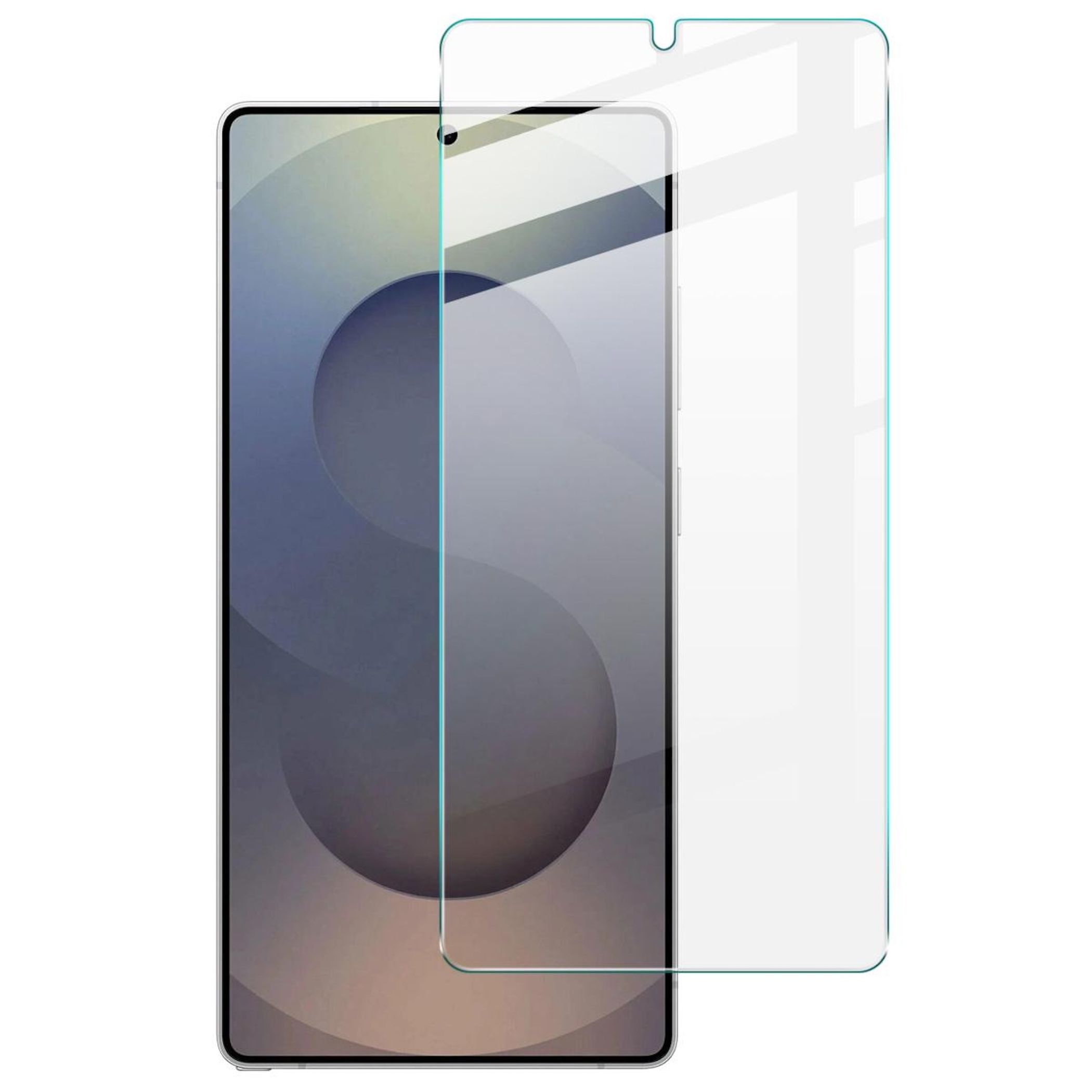 Ein transparentes Displayschutzglas liegt neben einem Smartphone.