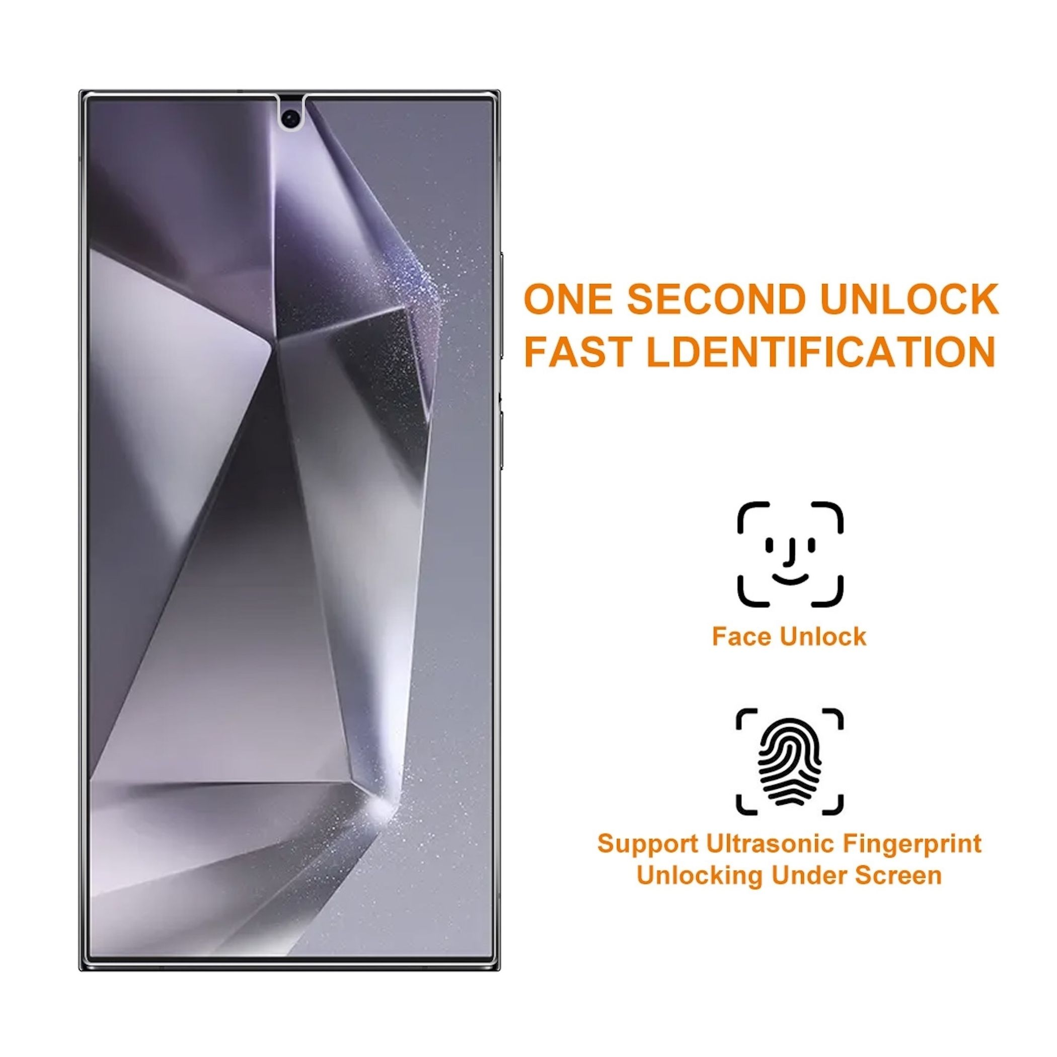 Smartphone-Display mit grafischem Muster. Text: Face Unlock & Fingerprint Unlock.