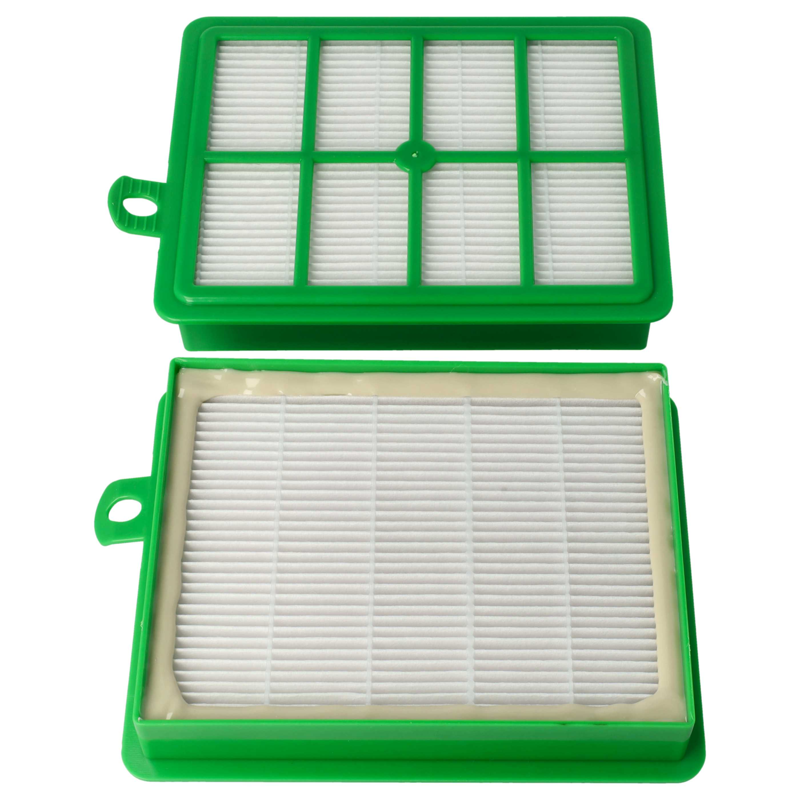 Zwei grüne Vakuumfilter mit weißem Filtermedium und Gittern.