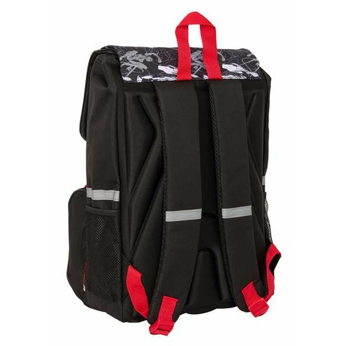 Schwarzer Rucksack mit roten Akzenten und reflektierenden Streifen.
