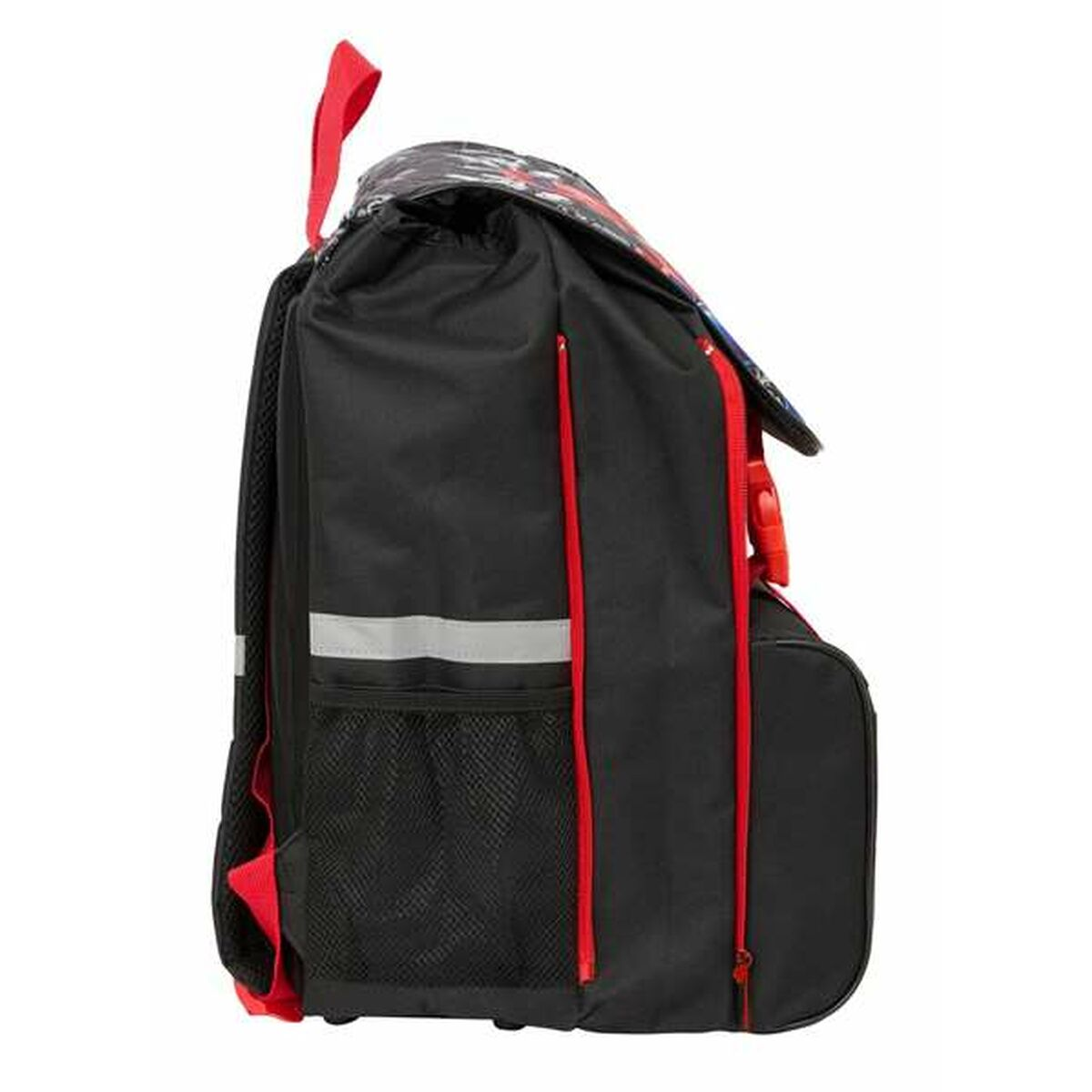 Schwarzer Rucksack mit roten Akzenten, reflektierendem Streifen und Netzfächern.