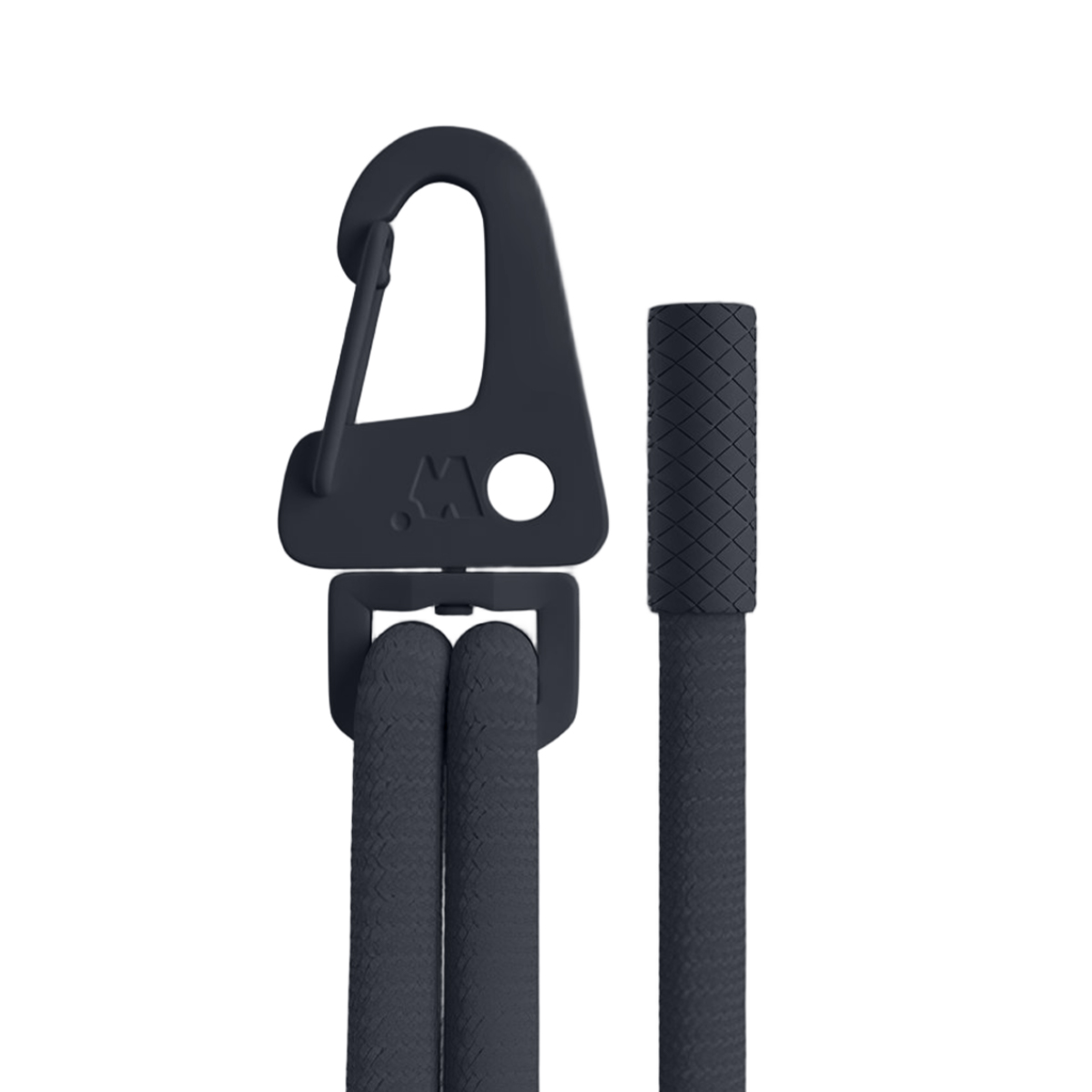 Dunkelgrauer Karabiner mit Schnur und Grifftextur.
