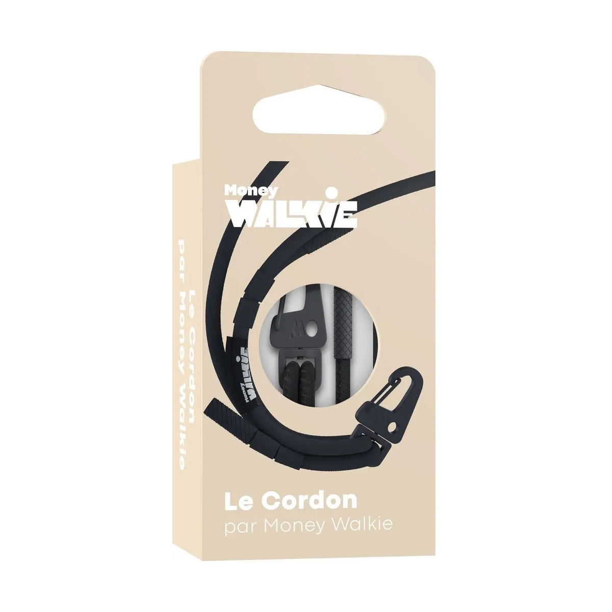 Verpackung mit schwarzem Lanyard und Schnallen, "Money Walkie" Logo.