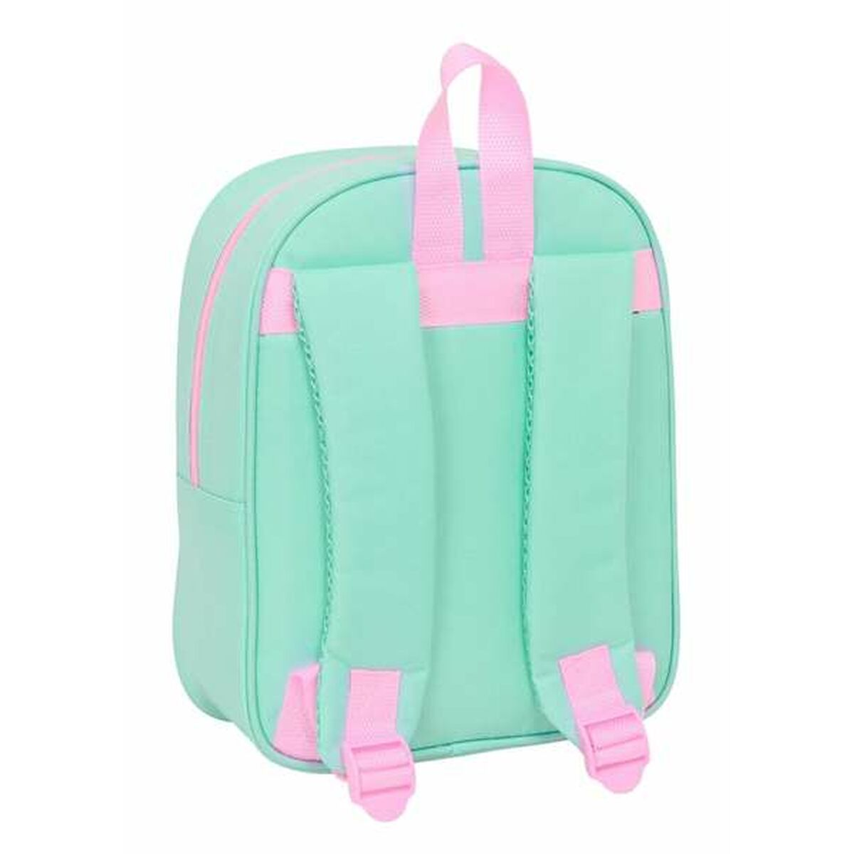 Ein mintgrüner Rucksack mit rosa Trägern und Reißverschlussdetails.