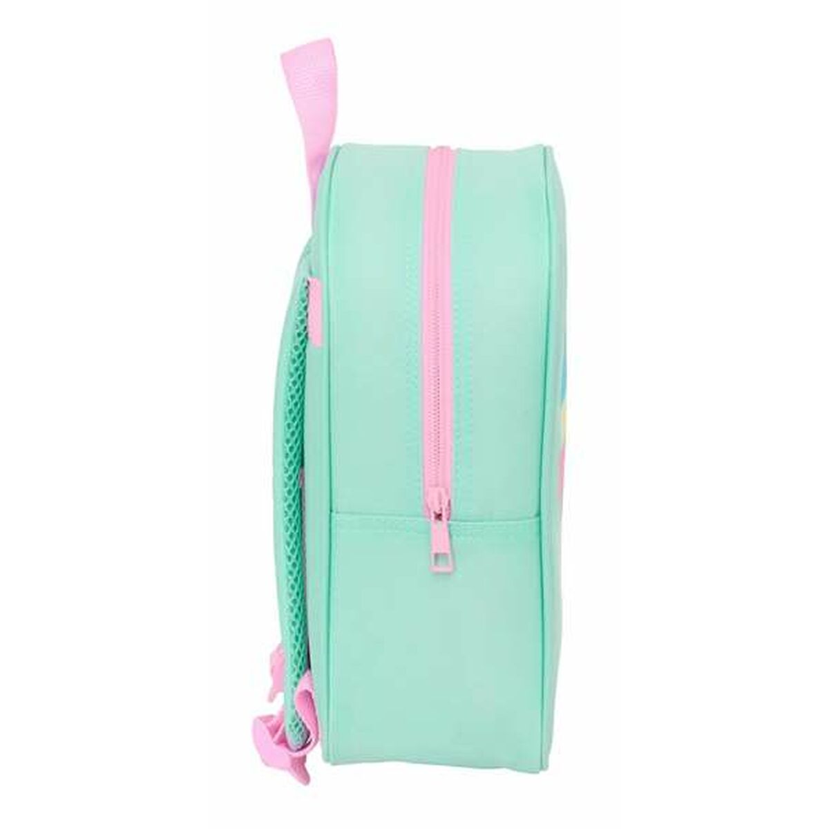 Ein mintgrüner Rucksack mit rosa Reißverschluss und Trägern.